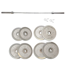 Load image into Gallery viewer, 105kg Cast Iron Weight Plates &amp; Barbell Bundle (2.2m bar) - Oli Joy Sports 
