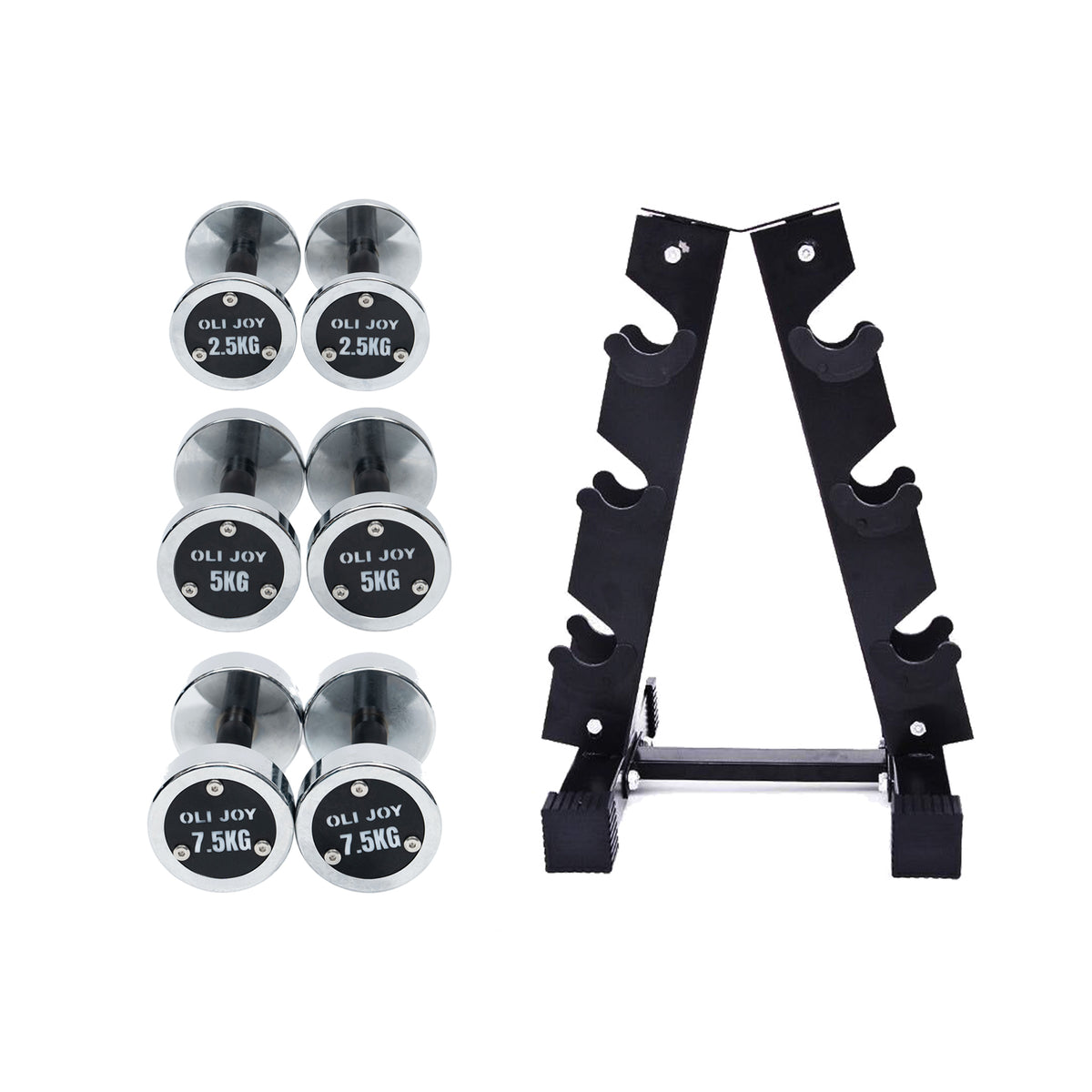 2.5kg to 7.5kg Chrome Round Dumbbell & Storage Rack Bundle (3 pairs - 30kg)
