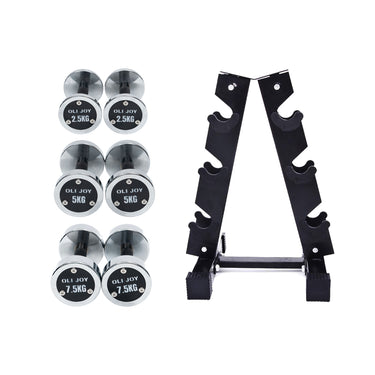2.5kg to 7.5kg Chrome Round Dumbbell & Storage Rack Bundle (3 pairs - 30kg) - Oli Joy Sports 
