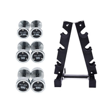 Load image into Gallery viewer, 2.5kg to 10kg Chrome Round Dumbbell &amp; Storage Rack Bundle (3 pairs - 35kg) - Oli Joy Sports 
