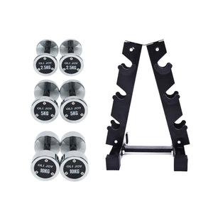 2.5kg to 10kg Chrome Round Dumbbell & Storage Rack Bundle (3 pairs - 35kg) - Oli Joy Sports 