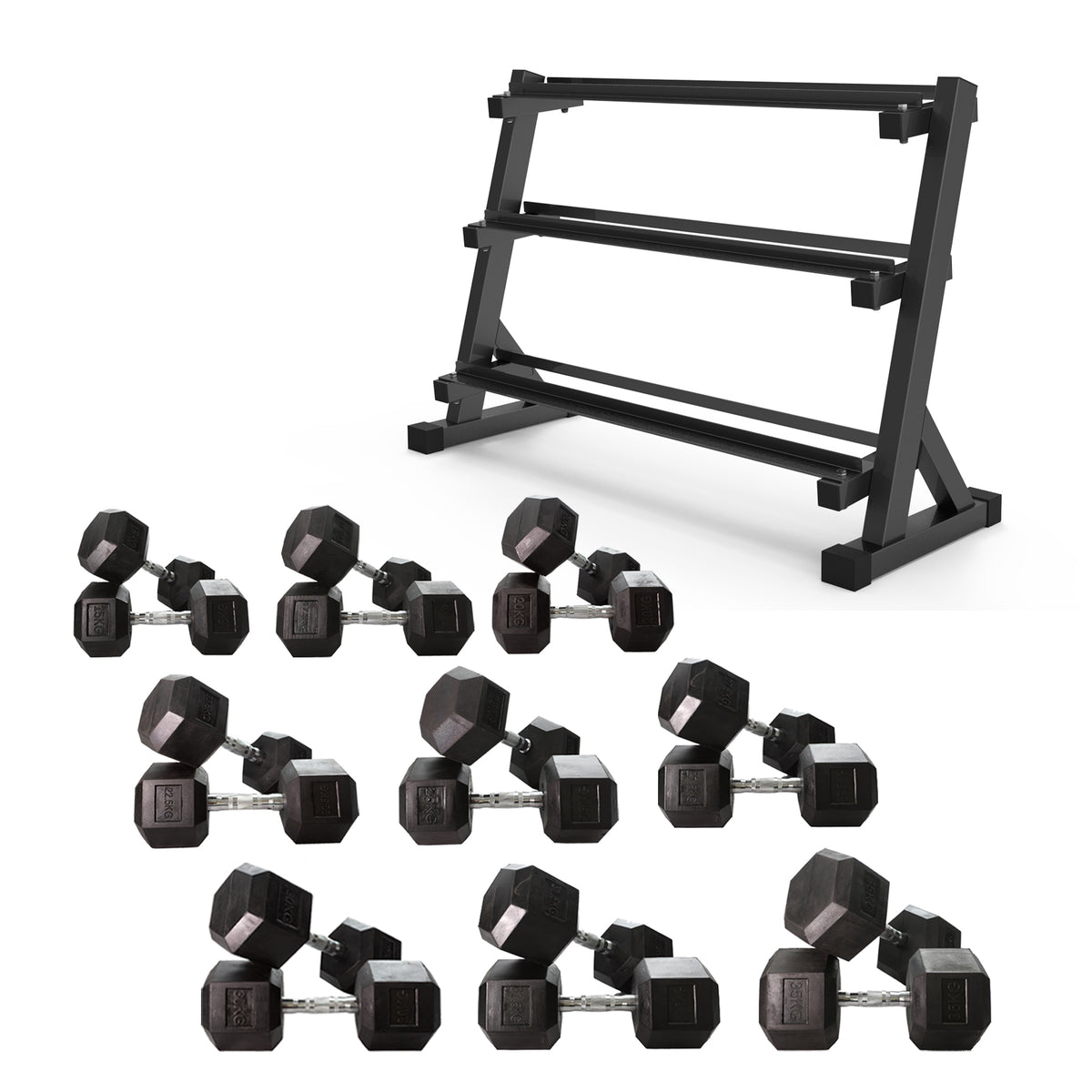 15kg to 35kg Hex Dumbbell & 3 Layers Tiers Dumbbell Storage Rack Bundle (8 pairs -390kg)