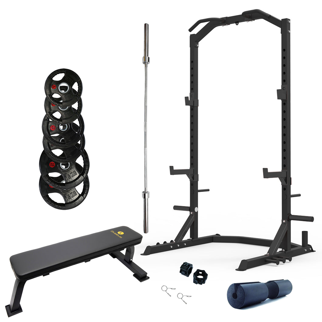 Half Squat Rack Bundle - 60kg Rubber Weight Plates, Barbell & Flat Bench