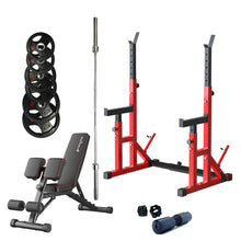 Load image into Gallery viewer, Adjustable Squat Rack Barbell Rack Bundle - 60kg Rubber Weight Plates &amp; Barbell &amp; Bench
