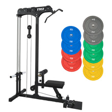 Load image into Gallery viewer, Lat Pull Down Low Row Machine Bundle - 150kg Colour Bumper Plates

