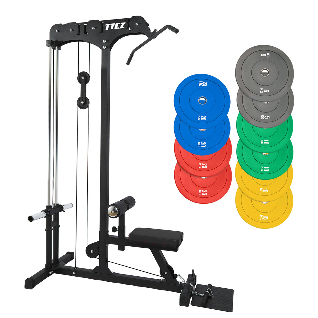 Lat Pull Down Low Row Machine Bundle - 150kg Colour Bumper Plates