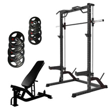 Load image into Gallery viewer, Half Rack Smith Machine Bundle - 100kg Rubber Weight Plates &amp; Adjustable Bench
