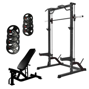 Half Rack Smith Machine Bundle - 100kg Rubber Weight Plates & Adjustable Bench