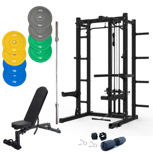Pre Order Multifunctional Squat Rack Bundle - 100kg Colour Weight Plates, Barbell & Workout Bench