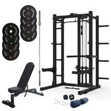 Load image into Gallery viewer, Multifunctional Squat Rack Bundle - 100kg Black Bumper Weight Plates, Barbell &amp; Workout Bench
