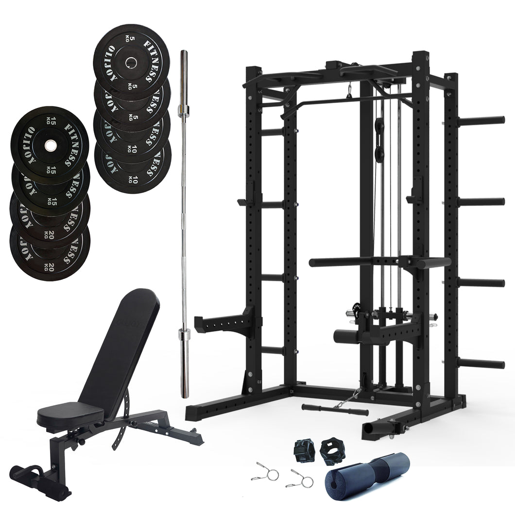 Pre Order Multifunctional Squat Rack Bundle - 100kg Black Bumper Weight Plates, Barbell & Workout Bench