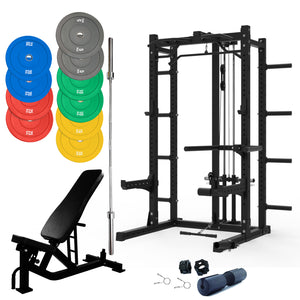 Multifunctional Squat Rack Bundle - 150kg Colour Weight Plates, Barbell & Workout Bench