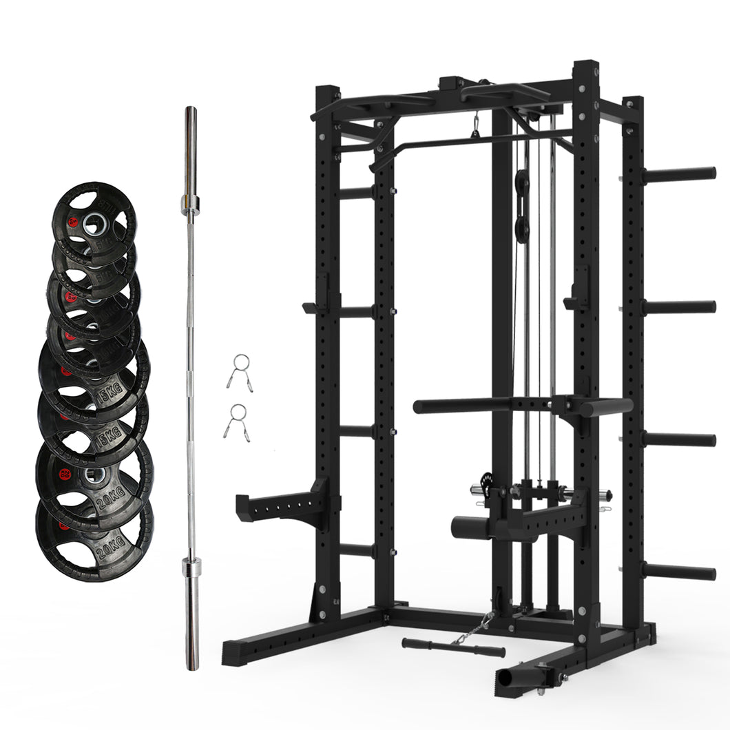 Multifunctional Squat Rack Bundle - 100kg Ruber Weight Plates & Barbell