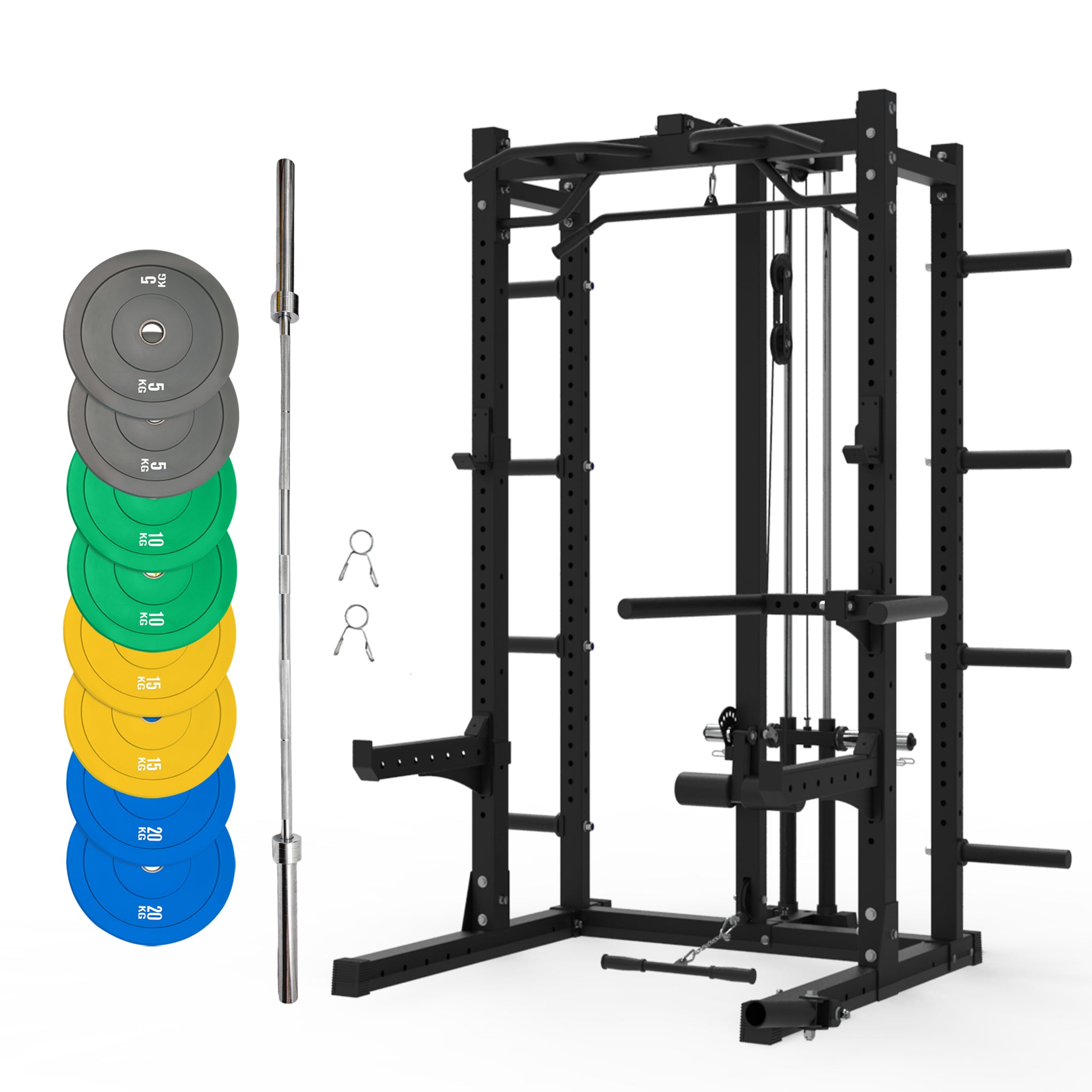 Multifunctional Squat Rack Bundle - 100kg Colour Weight Plates & Barbell - Oli Joy Sports 