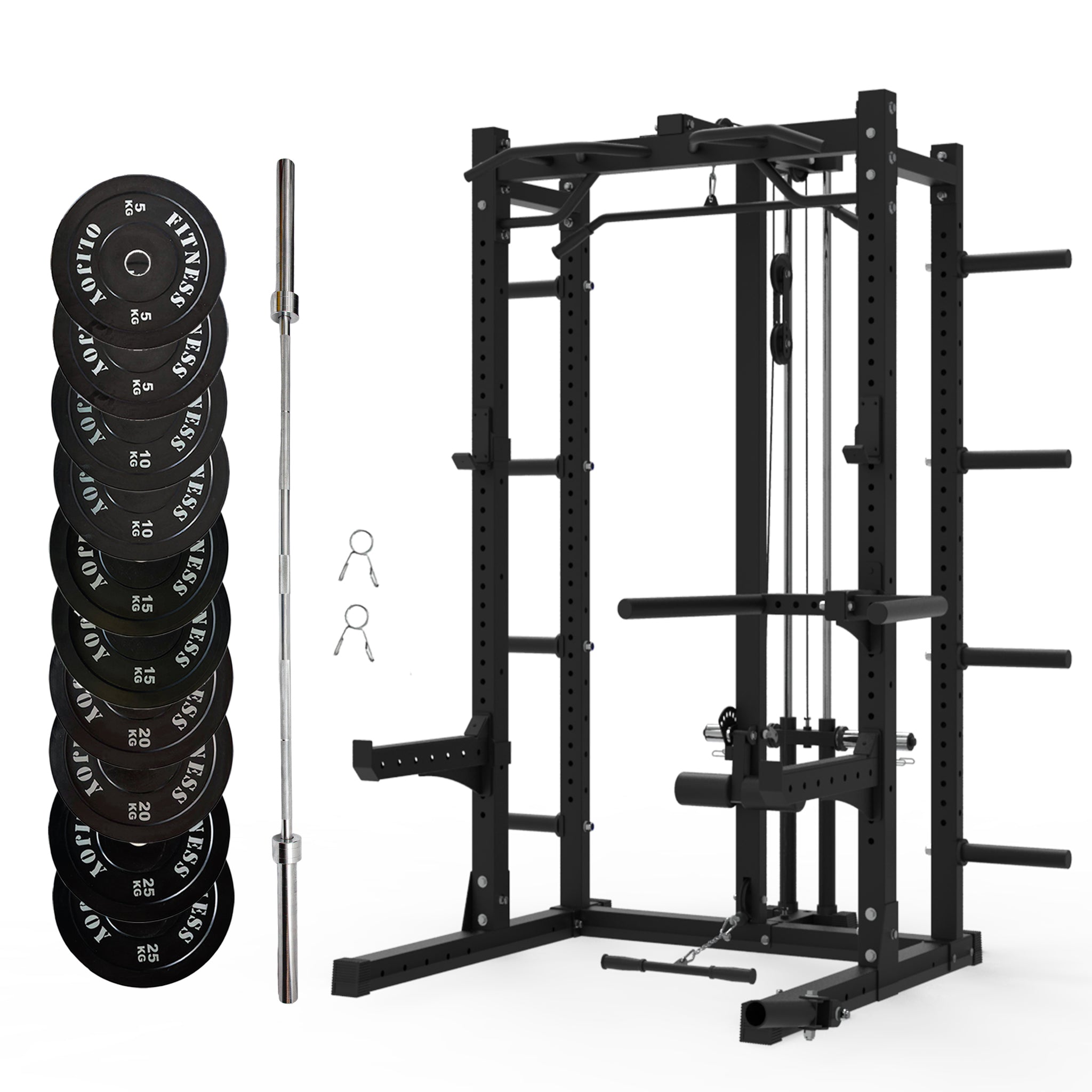 Multifunctional Squat Rack Bundle - 150kg Black Bumper Weight Plates & Barbell - Oli Joy Sports 