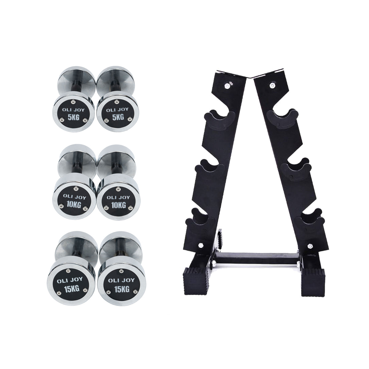 5kg to 15kg Chrome Round Dumbbell & Storage Rack Bundle (3 pairs - 60kg)