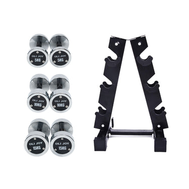 5kg to 15kg Chrome Round Dumbbell & Storage Rack Bundle (3 pairs - 60kg) - Oli Joy Sports 