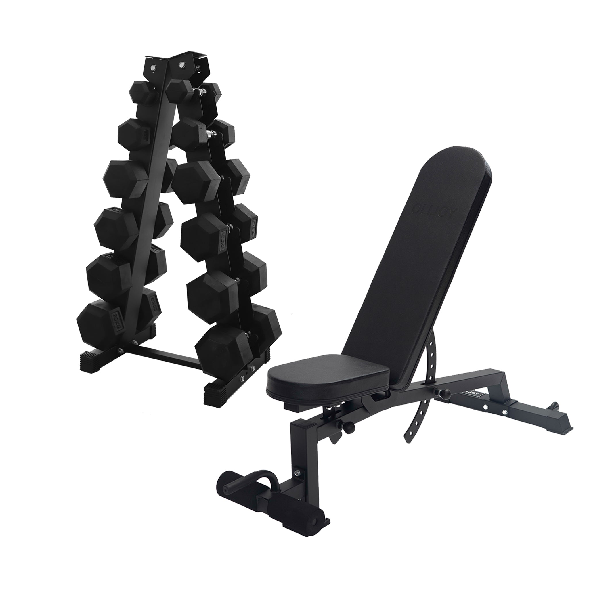 2.5kg to 20kg Hex Dumbbell & Storage Rack & Bench Bundle (6 pairs - 130kg) - Oli Joy Sports 
