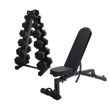 Load image into Gallery viewer, Pre Order 7.5kg to 25kg Hex Dumbbell &amp; Storage Rack &amp; Bench Bundle (6 pairs - 180kg)
