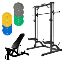 Load image into Gallery viewer, Half Rack Smith Machine Bundle - 100kg Colour Bumper Plates &amp; Adjustable Bench
