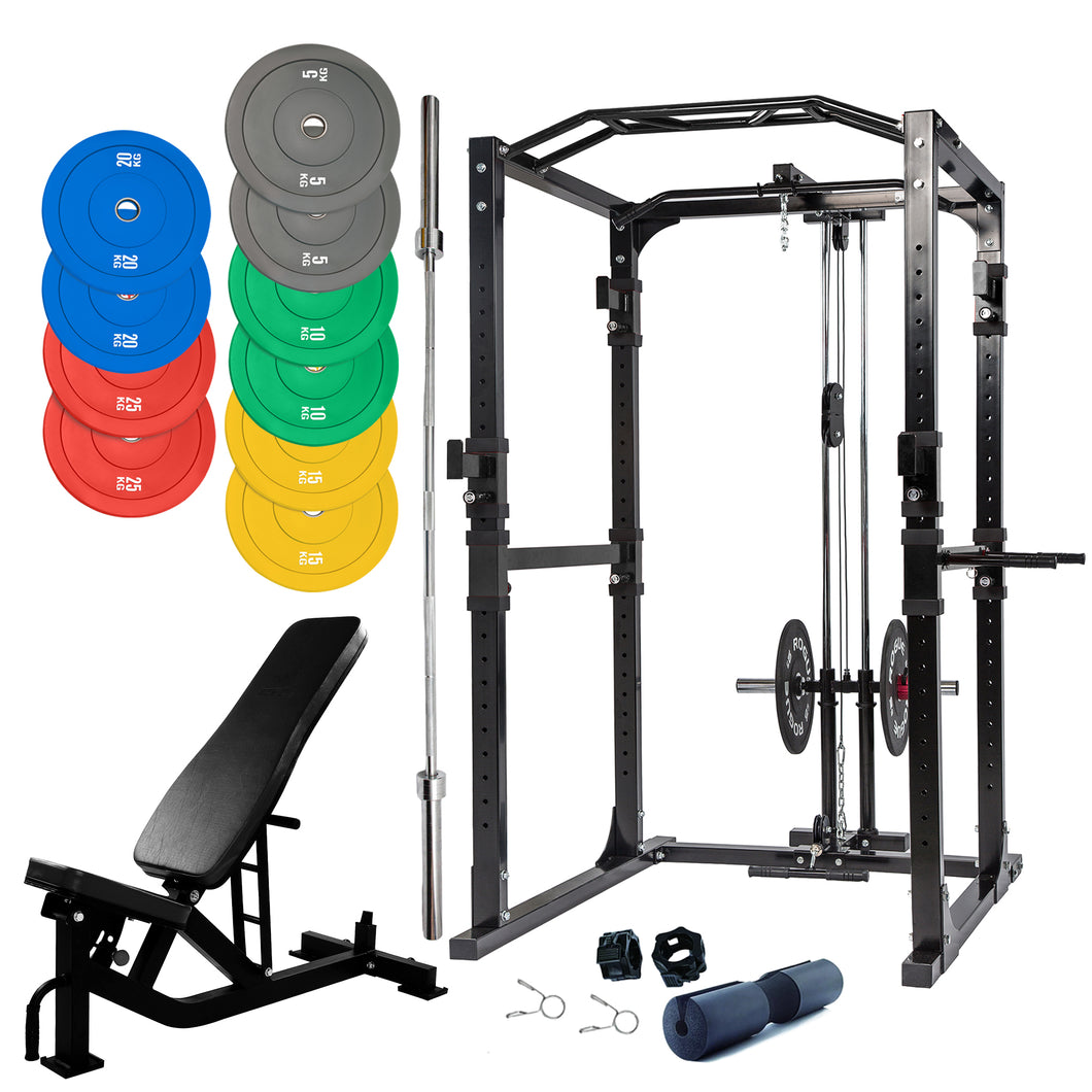 Pre Order Power Rack Bundle - 150kg Colour Weight Plates, Barbell & Bench