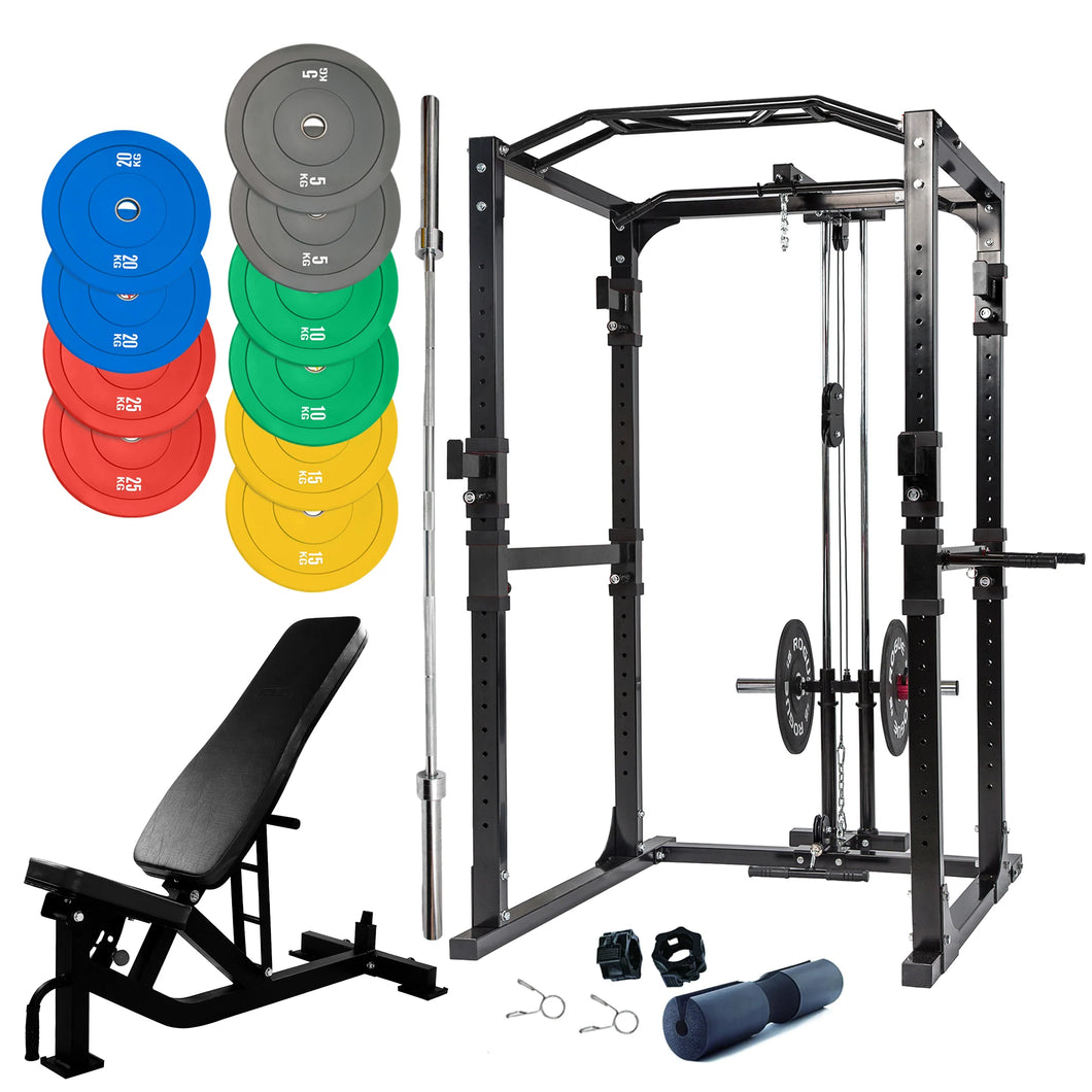 Power Rack Bundle - 150kg Colour Weight Plates, Barbell & Bench