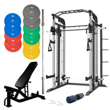 Load image into Gallery viewer, Smith Machine Bundle - 150kg Colour Weight Plates, Barbell &amp; Bench
