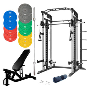 Smith Machine Bundle - 150kg Colour Weight Plates, Barbell & Bench