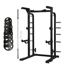 Load image into Gallery viewer, Half Rack Bundle - 100kg Rubber Weight Plates &amp; Barbell
