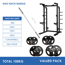 Load image into Gallery viewer, Half Rack Bundle - 100kg Rubber Weight Plates &amp; Barbell
