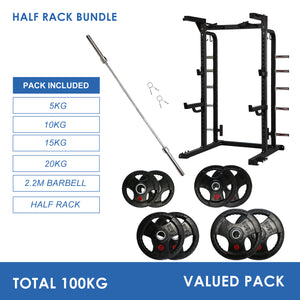 Half Rack Bundle - 100kg Rubber Weight Plates & Barbell