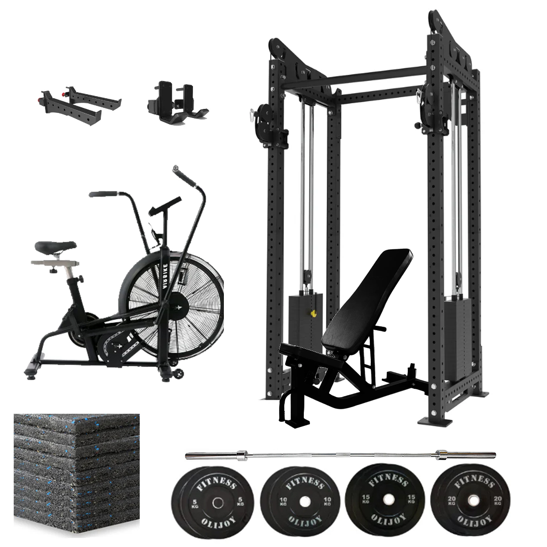 Oli Joy 5492 Functional Trainer Power Rack with 100 kg Plates, Barbell, Bench & Air Bike