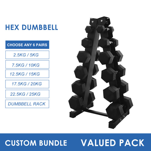 Build Your Own Hex Dumbbell & Storage Rack (Pick 6 Pairs from 2.5kg to 25kg) - Oli Joy Sports 