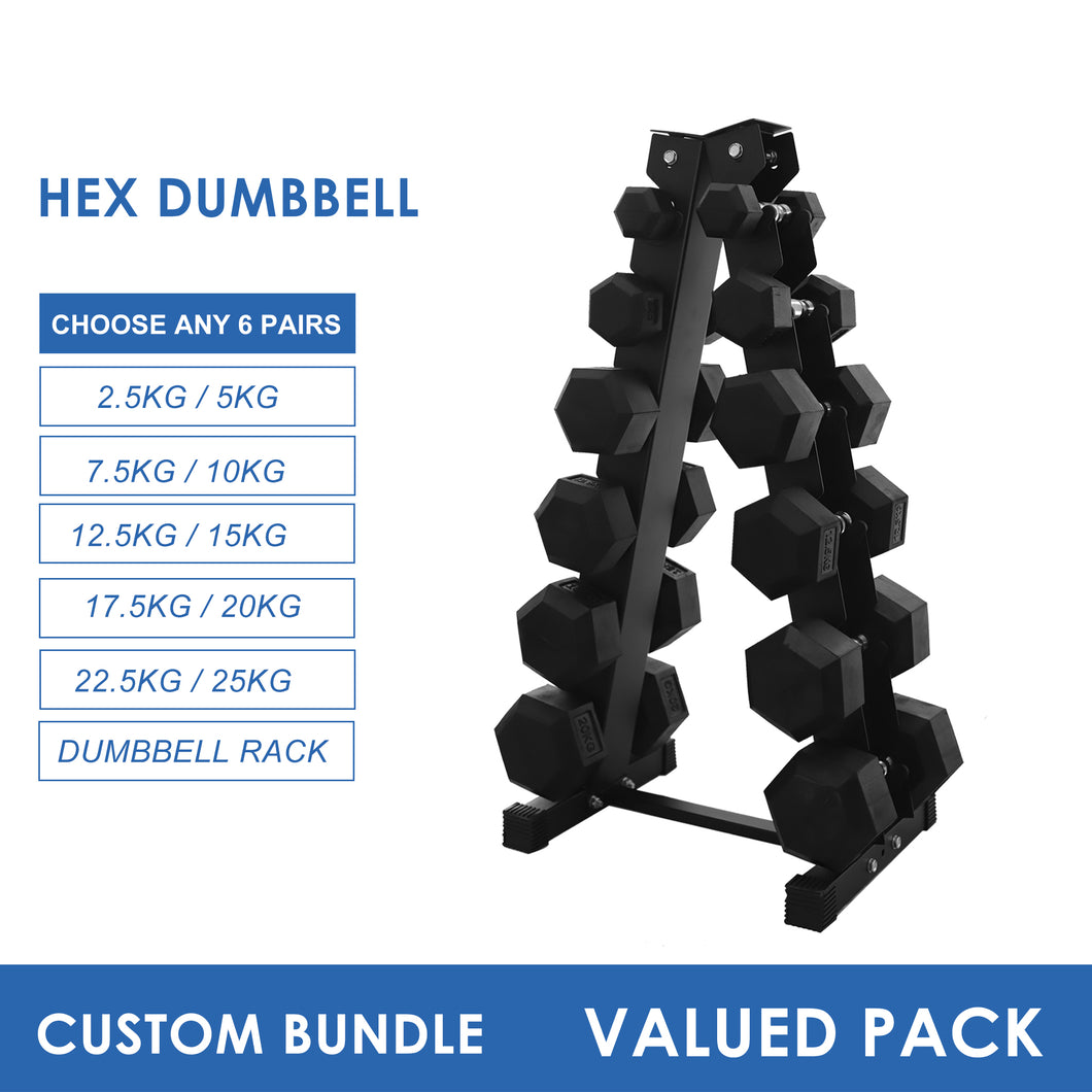 Build Your Own Hex Dumbbell & Storage Rack (Pick 6 Pairs from 2.5kg to 25kg) - Oli Joy Sports 