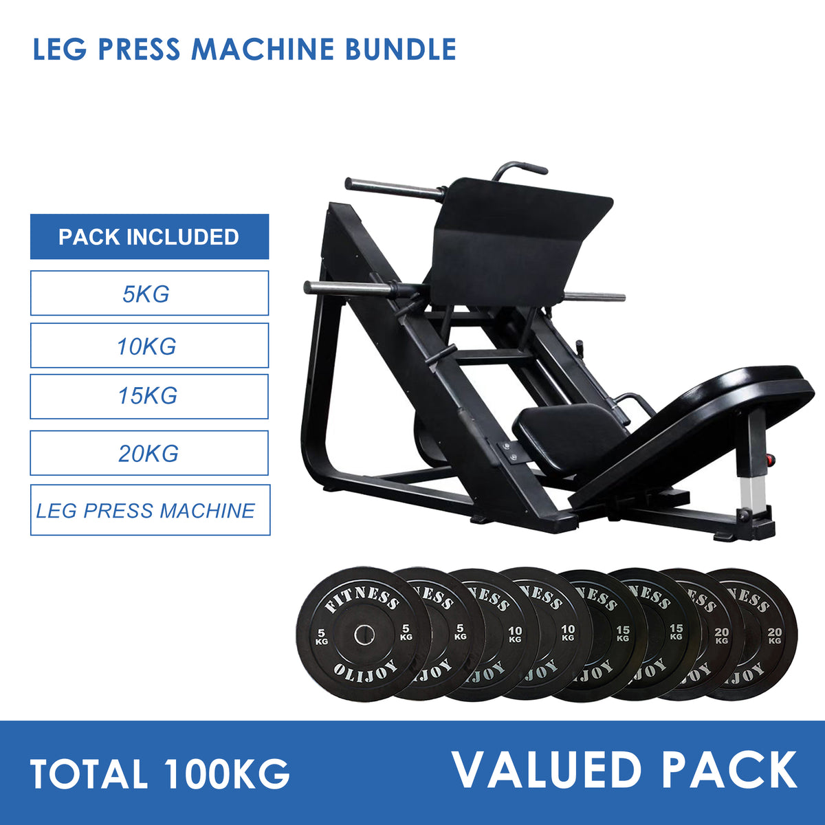 OLI JOY Leg Press Machine & 100kg Black Bumper Plates Bundle