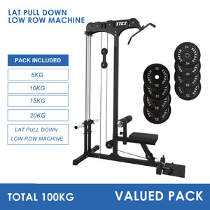 Lat Pull Down Low Row Machine Bundle - 100kg Black Bumper Plates