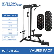 Load image into Gallery viewer, Lat Pull Down Low Row Machine Bundle - 150kg Black Bumper Plates
