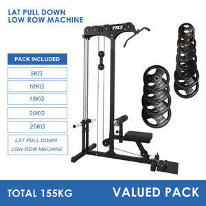 Lat Pull Down Low Row Machine Bundle - 155kg Rubber Weight Plates