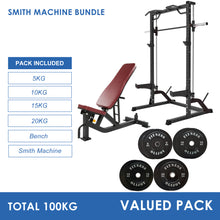Load image into Gallery viewer, Half Rack Smith Machine Bundle - 100kg Black Bumper Plates &amp; Adjustable Bench
