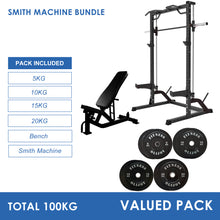 Load image into Gallery viewer, Half Rack Smith Machine Bundle - 100kg Black Bumper Plates &amp; Adjustable Bench
