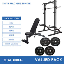 Load image into Gallery viewer, Pre Order Half Rack Smith Machine Bundle - 100kg Black Bumper Plates &amp; Adjustable Bench
