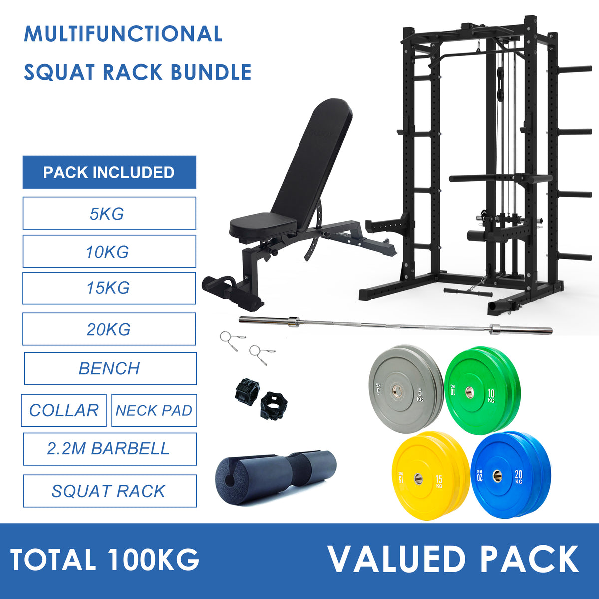 Multifunctional Squat Rack Bundle - 100kg Colour Weight Plates, Barbell & Workout Bench