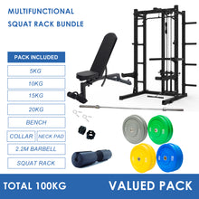 Load image into Gallery viewer, Pre Order Multifunctional Squat Rack Bundle - 100kg Colour Weight Plates, Barbell &amp; Workout Bench
