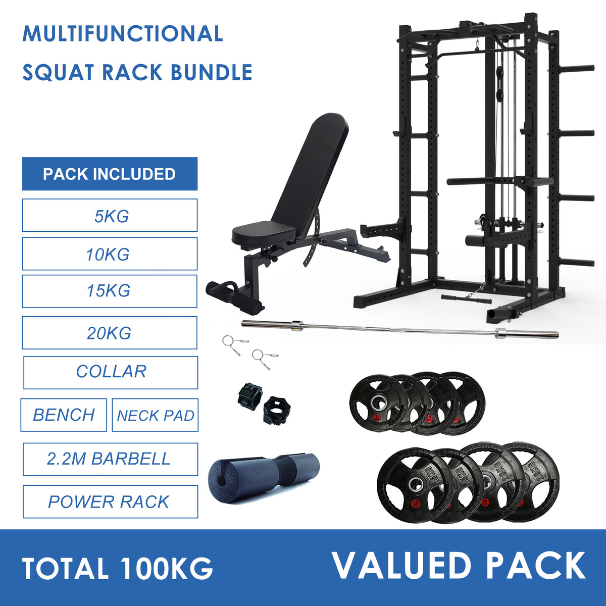 Multifunctional Squat Rack Bundle - 100kg Rubber Weight Plates, Barbell & Workout Bench