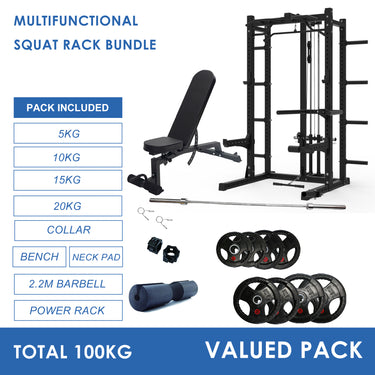 Multifunctional Squat Rack Bundle - 100kg Rubber Weight Plates, Barbell & Workout Bench - Oli Joy Sports 
