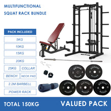 Load image into Gallery viewer, Multifunctional Squat Rack Bundle - 150kg Black Bumper Weight Plates, Barbell &amp; Workout Bench
