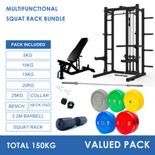 Load image into Gallery viewer, Multifunctional Squat Rack Bundle - 150kg Colour Weight Plates, Barbell &amp; Workout Bench
