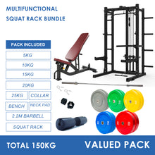 Load image into Gallery viewer, Multifunctional Squat Rack Bundle - 150kg Colour Weight Plates, Barbell &amp; Workout Bench
