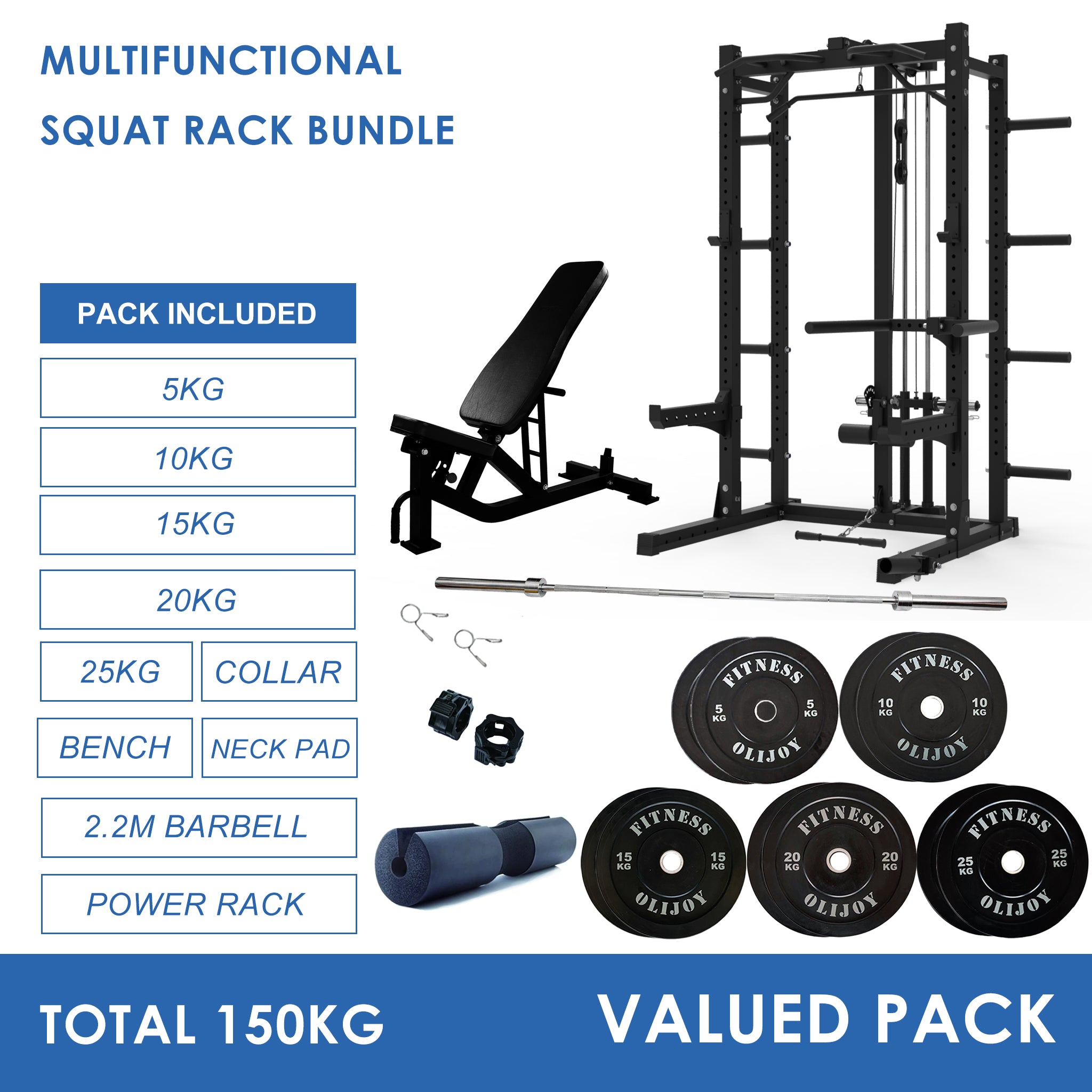 Multifunctional Squat Rack Bundle - 150kg Black Bumper Weight Plates, Barbell & Workout Bench - Oli Joy Sports 