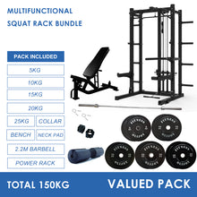 Load image into Gallery viewer, Multifunctional Squat Rack Bundle - 150kg Black Bumper Weight Plates, Barbell &amp; Workout Bench
